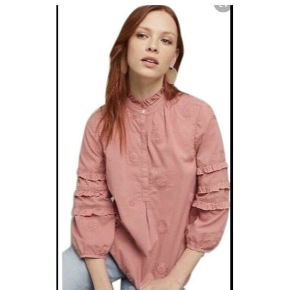 Anthropologie Isabella Sinclair Pink Ruffled Floral Embroidered Popover Top XS